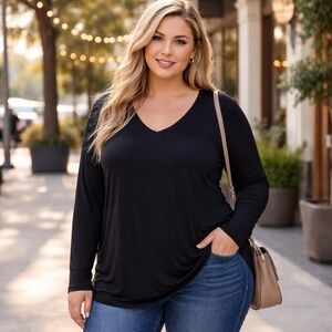 In Every Story Black V-Neck Plus Size Top Viscose Blend Long Sleeve Soft Casual